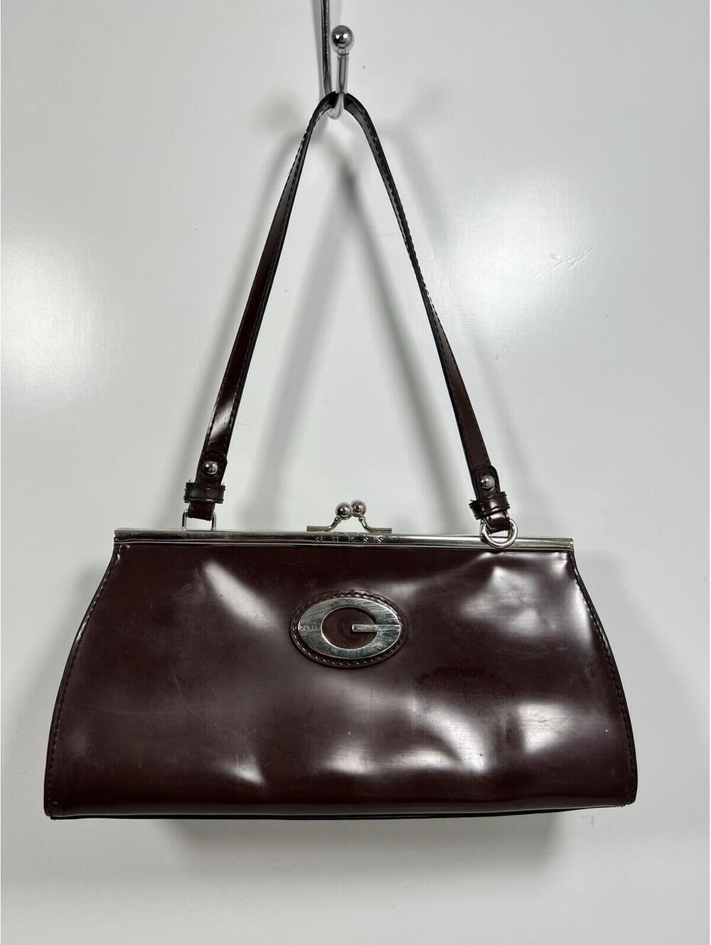Vtg Guess Y2K 90s Brown Vegan Leather Silver Logo Baguette Shoulder Bag
